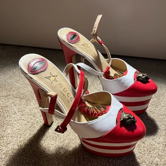 Gucci Red and White Angel Leather Striped Studded Pumps Platforms 37